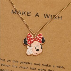Disney Minnie Mouse Pendant Necklace Red Bow Gold Chain Jewelry New Women’s